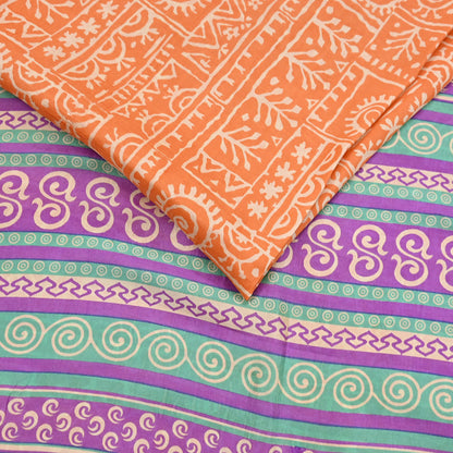 Indian Vintage Sari Orange & Purple Pure Silk warli Printed Saree 5yd Sewing Paisley Craft Fabric DressMaking Soft Used Upcycled