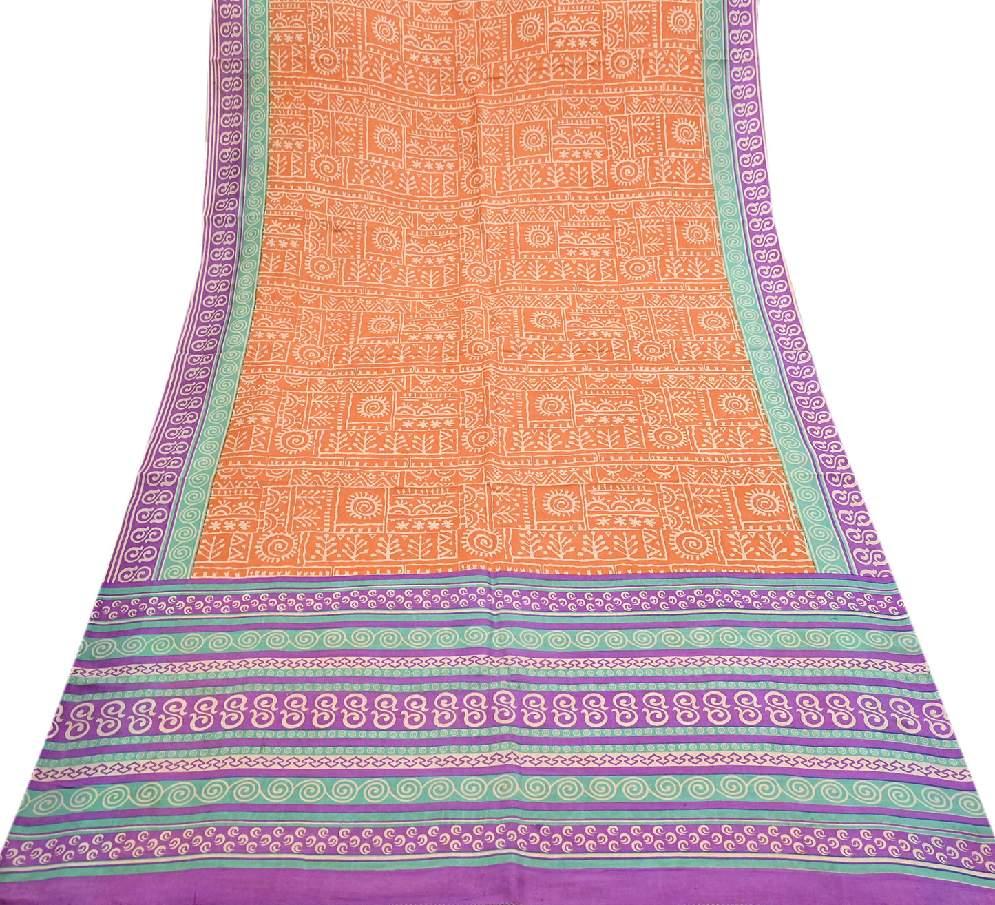Indian Vintage Sari Orange & Purple Pure Silk warli Printed Saree 5yd Sewing Paisley Craft Fabric DressMaking Soft Used Upcycled