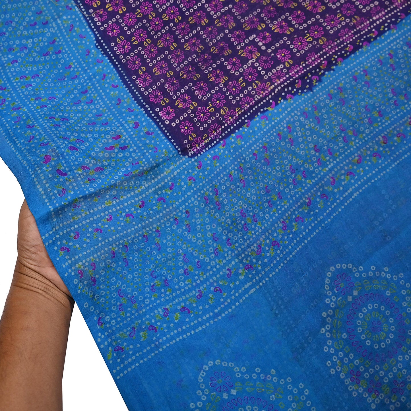 Indian Vintage Sari Blue Pure Silk Bandhani Printed Sarees Fabric 6yd Floral Sewing Traditional Culture Sari Ethnic Fabric