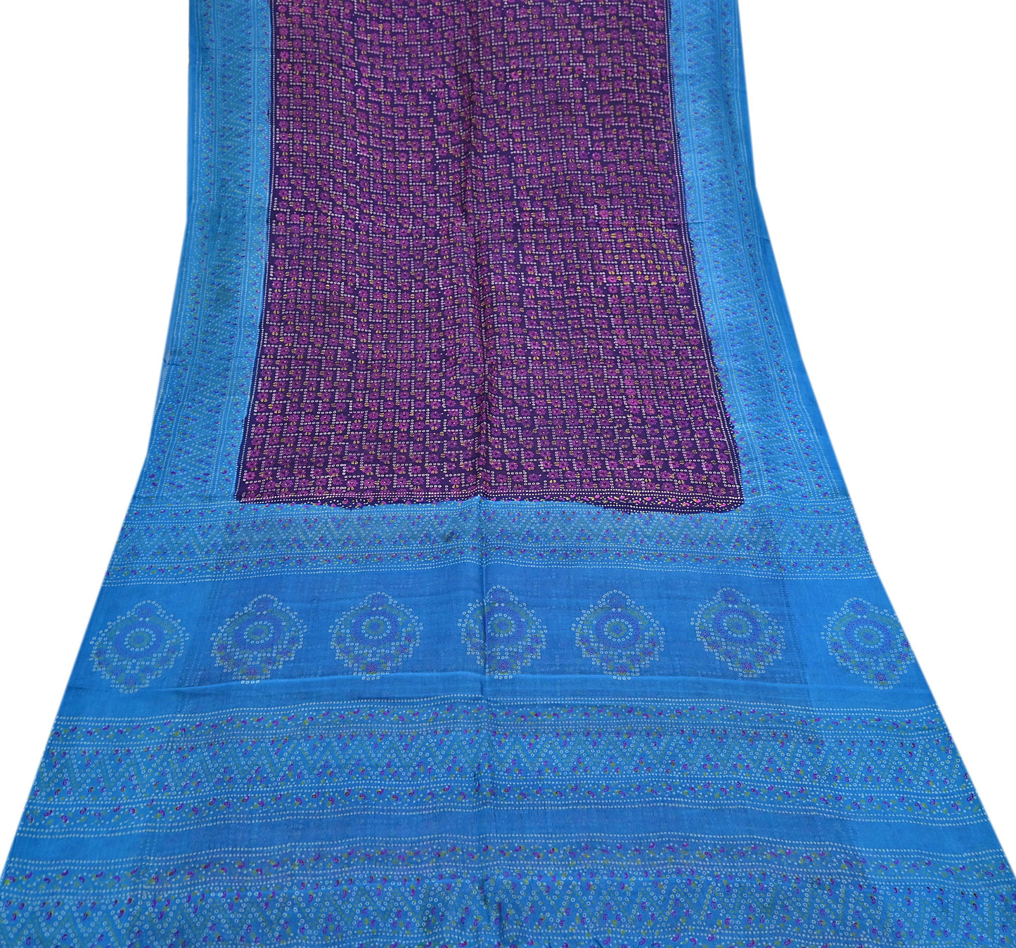Indian Vintage Sari Blue Pure Silk Bandhani Printed Sarees Fabric 6yd Floral Sewing Traditional Culture Sari Ethnic Fabric