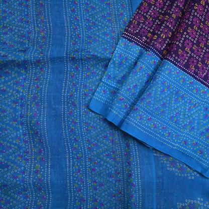 Indian Vintage Sari Blue Pure Silk Bandhani Printed Sarees Fabric 6yd Floral Sewing Traditional Culture Sari Ethnic Fabric