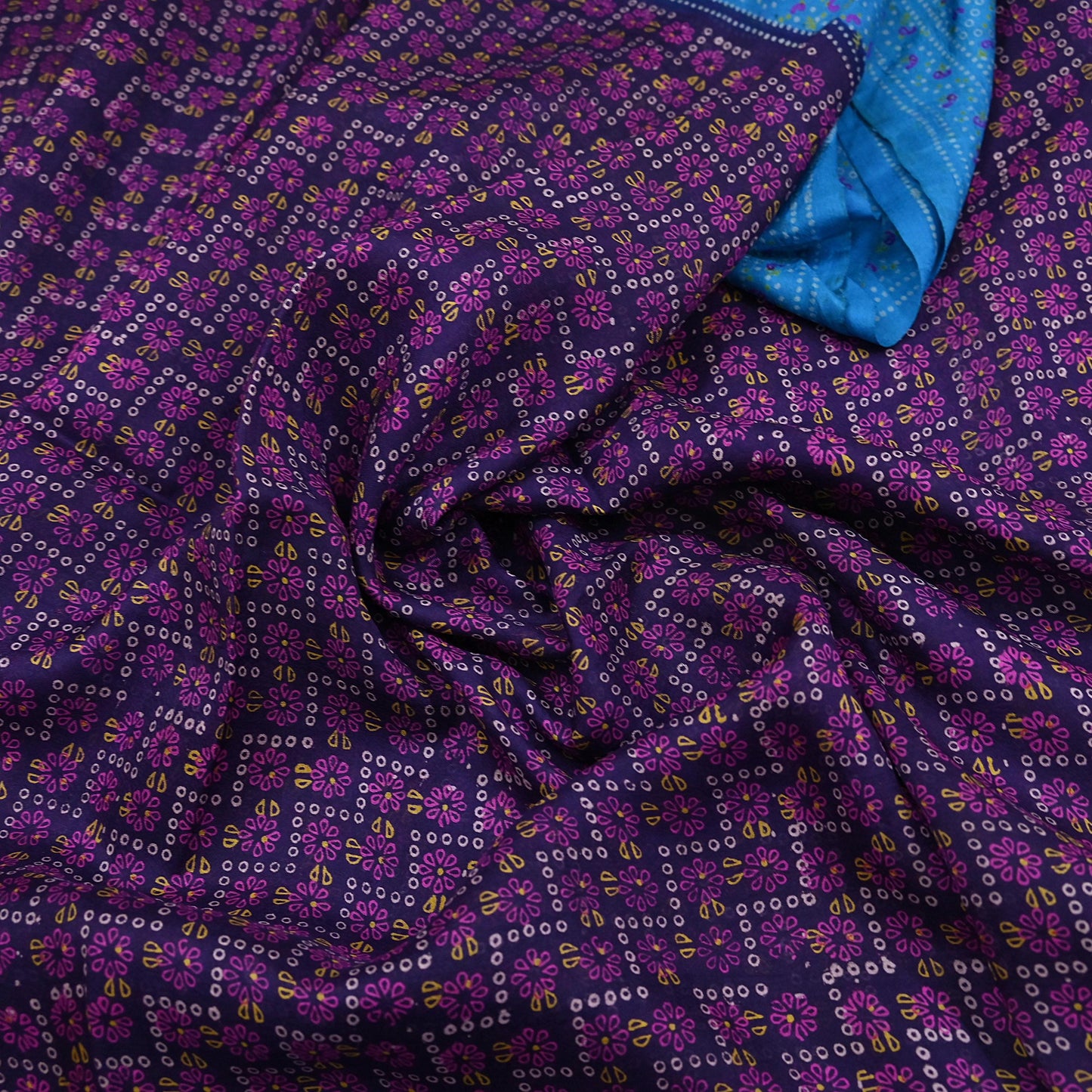 Indian Vintage Sari Blue Pure Silk Bandhani Printed Sarees Fabric 6yd Floral Sewing Traditional Culture Sari Ethnic Fabric