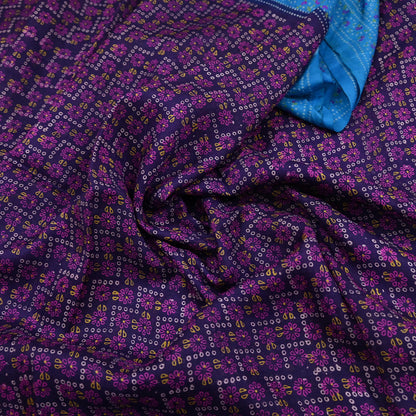 Indian Vintage Sari Blue Pure Silk Bandhani Printed Sarees Fabric 6yd Floral Sewing Traditional Culture Sari Ethnic Fabric