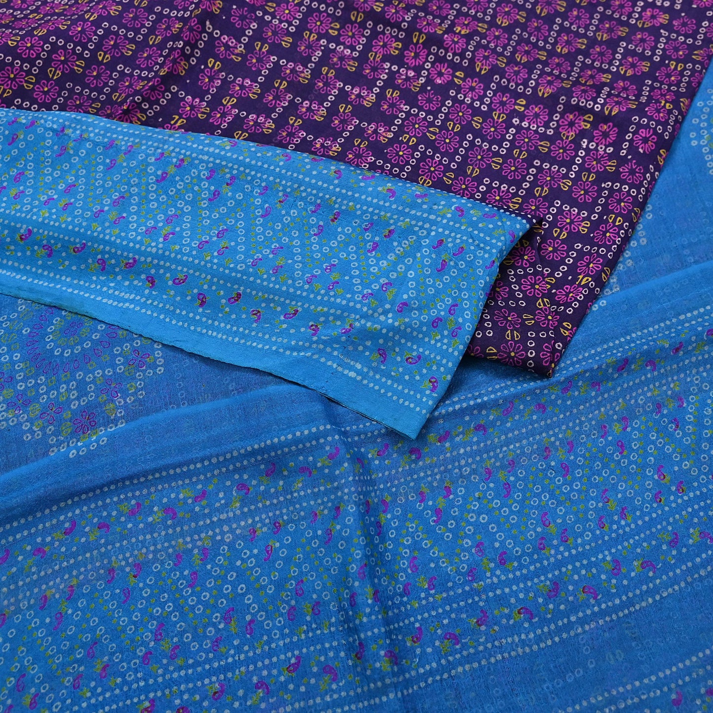 Indian Vintage Sari Blue Pure Silk Bandhani Printed Sarees Fabric 6yd Floral Sewing Traditional Culture Sari Ethnic Fabric