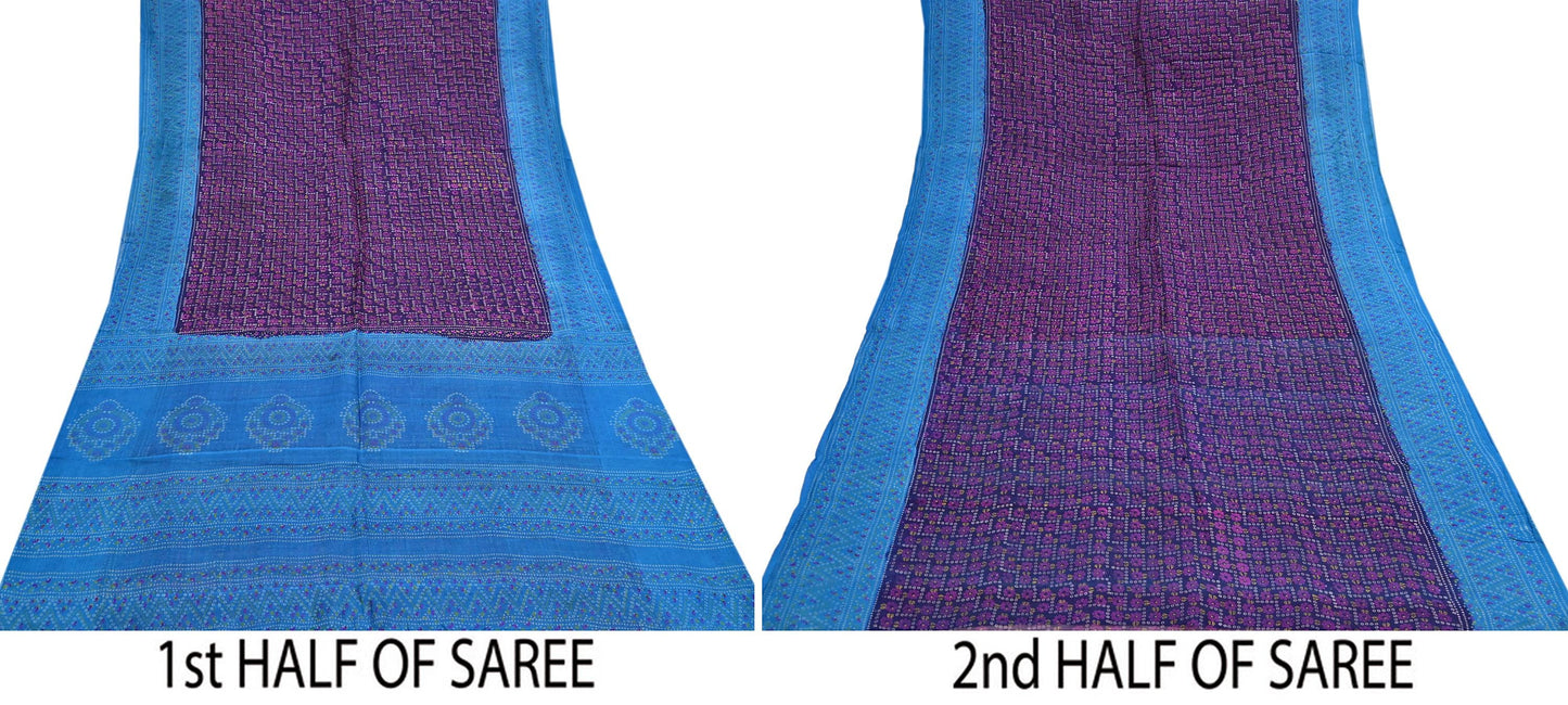 Indian Vintage Sari Blue Pure Silk Bandhani Printed Sarees Fabric 6yd Floral Sewing Traditional Culture Sari Ethnic Fabric