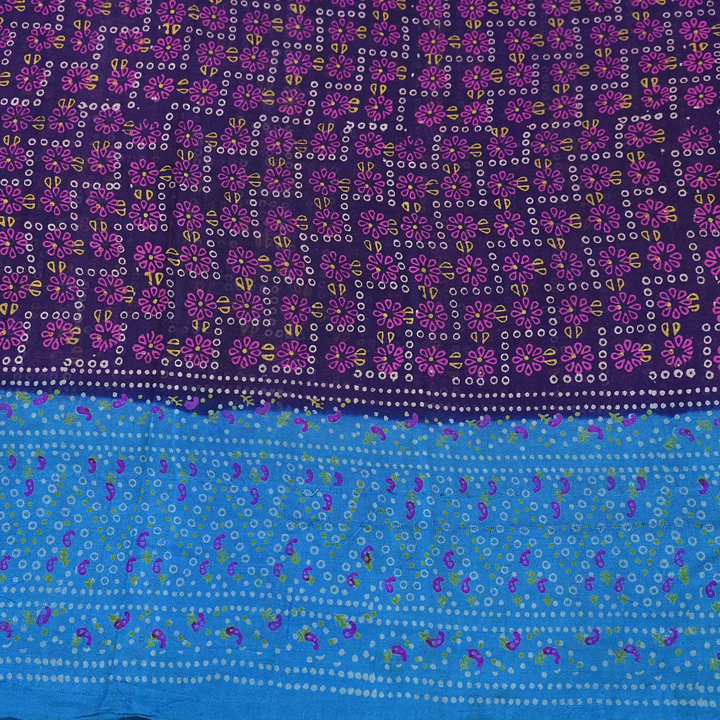 Indian Vintage Sari Blue Pure Silk Bandhani Printed Sarees Fabric 6yd Floral Sewing Traditional Culture Sari Ethnic Fabric