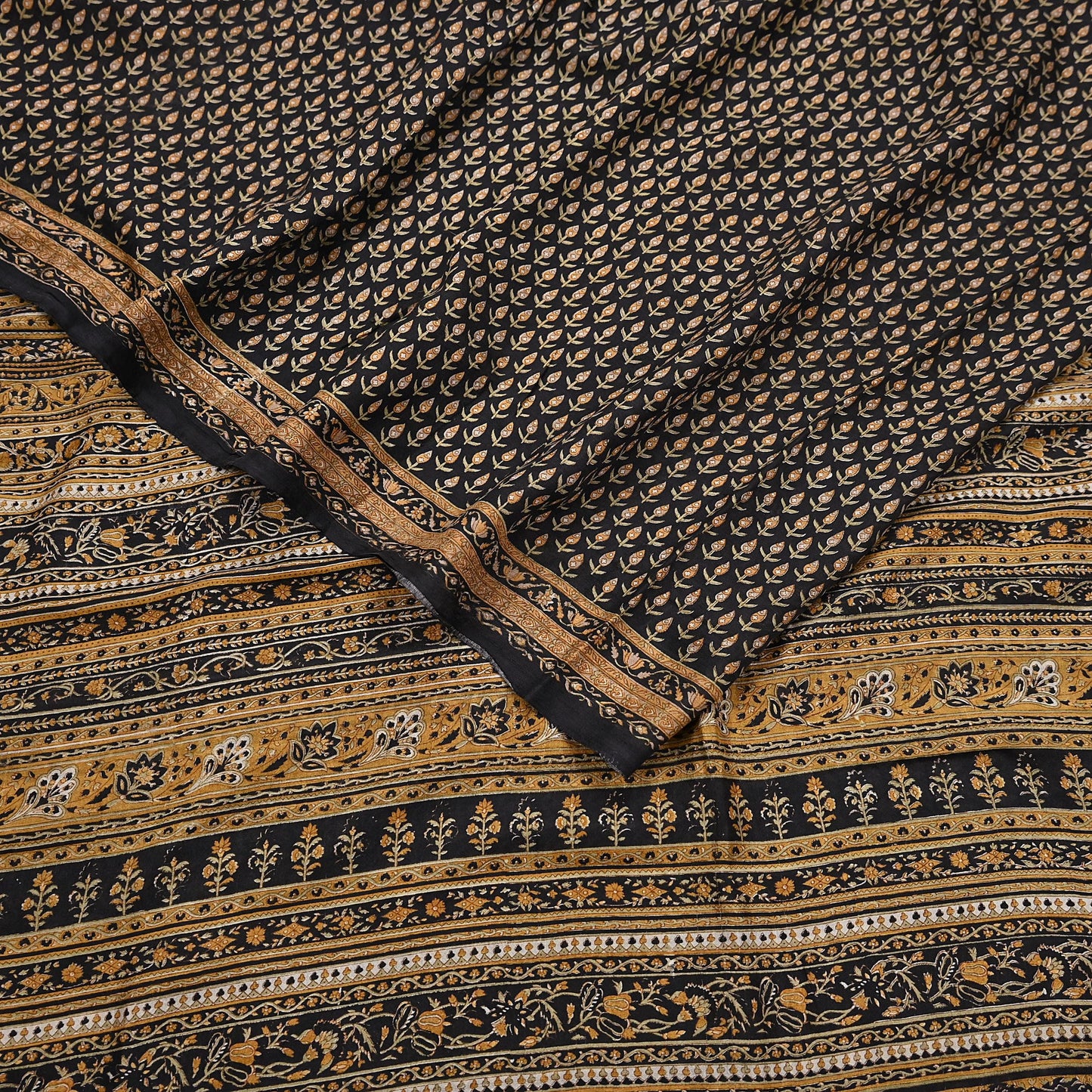 Indian Vintage Sari Black Printed Pure Silk Sarees Craft Fabric 6yd Sewing Floral Soft Dress Designing  for Crafting Quilting Upcycle Wrap