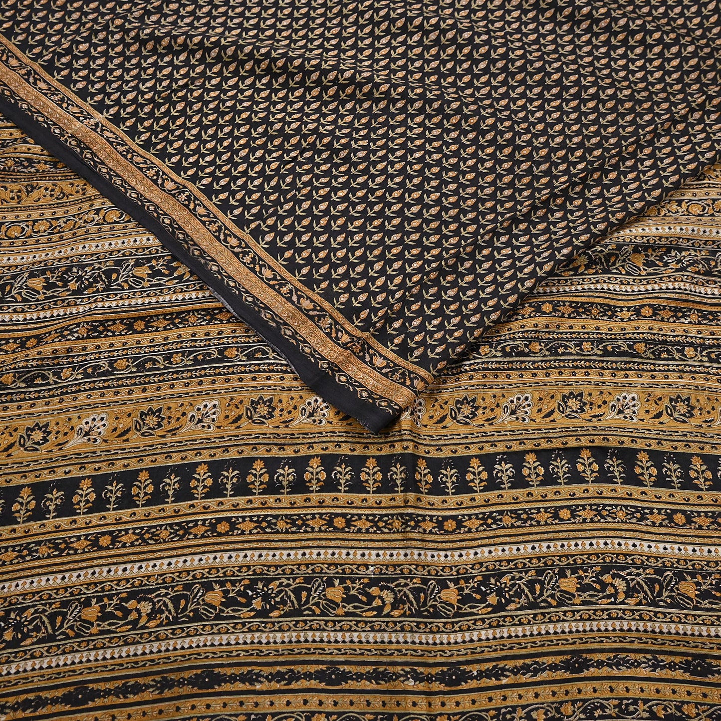 Indian Vintage Sari Black Printed Pure Silk Sarees Craft Fabric 6yd Sewing Floral Soft Dress Designing  for Crafting Quilting Upcycle Wrap