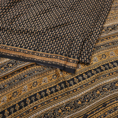 Indian Vintage Sari Black Printed Pure Silk Sarees Craft Fabric 6yd Sewing Floral Soft Dress Designing  for Crafting Quilting Upcycle Wrap