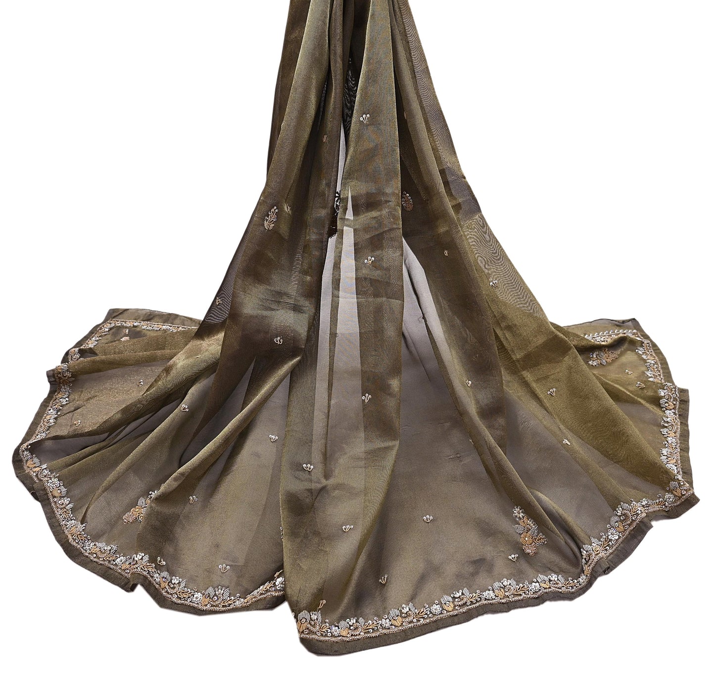 Indian Vintage Heavy Dupatta Golden Black Tissue Silk Long Stole Hand Embroidered Hijab Scarves Zari Zardozi/Dabka Wedding Hijab Veil