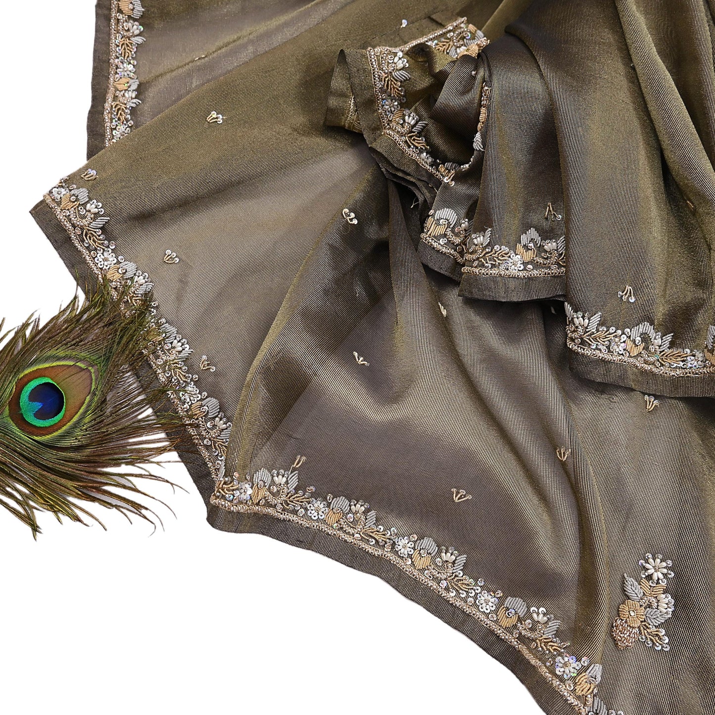 Indian Vintage Heavy Dupatta Golden Black Tissue Silk Long Stole Hand Embroidered Hijab Scarves Zari Zardozi/Dabka Wedding Hijab Veil