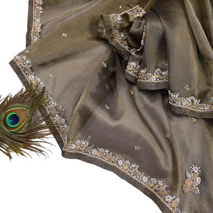 Indian Vintage Heavy Dupatta Golden Black Tissue Silk Long Stole Hand Embroidered Hijab Scarves Zari Zardozi/Dabka Wedding Hijab Veil