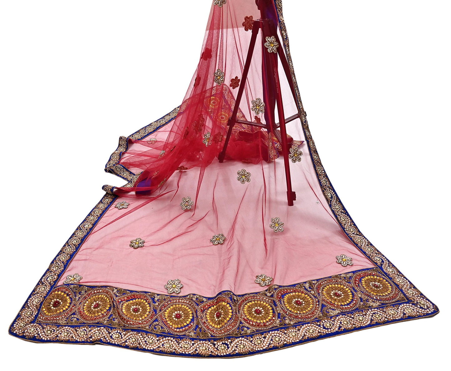 Indian Vintage Heavy Wedding Red Dupatta Net Mesh Long Stole Hand Embroidered Scarves Golden Zardozi Dabka Zari Stole