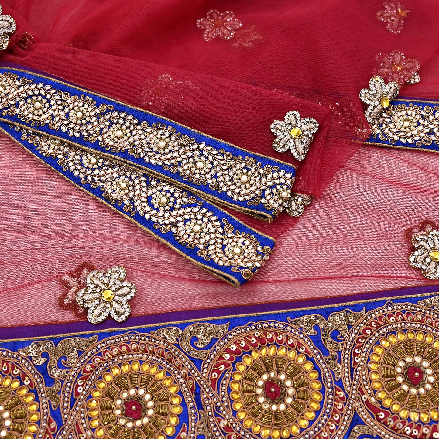Indian Vintage Heavy Wedding Red Dupatta Net Mesh Long Stole Hand Embroidered Scarves Golden Zardozi Dabka Zari Stole