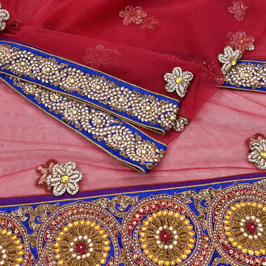 Indian Vintage Heavy Wedding Red Dupatta Net Mesh Long Stole Hand Embroidered Scarves Golden Zardozi Dabka Zari Stole