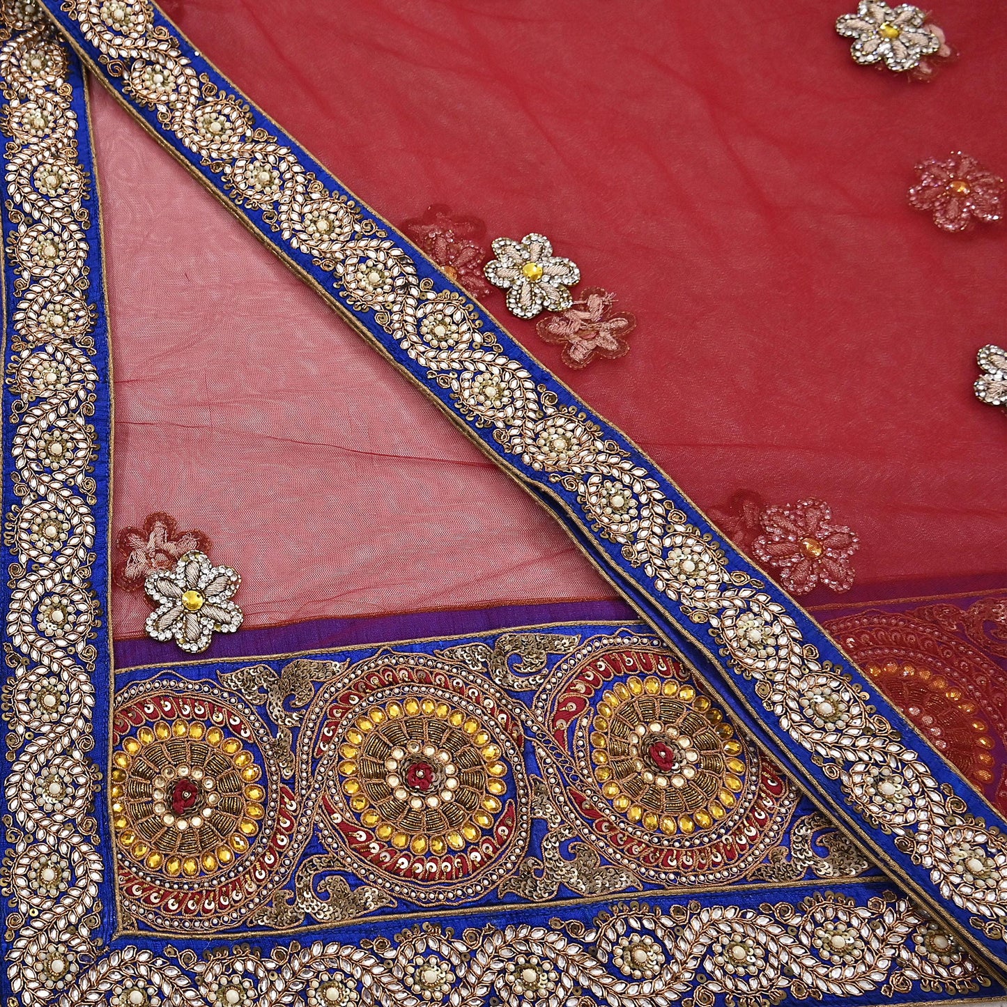 Indian Vintage Heavy Wedding Red Dupatta Net Mesh Long Stole Hand Embroidered Scarves Golden Zardozi Dabka Zari Stole