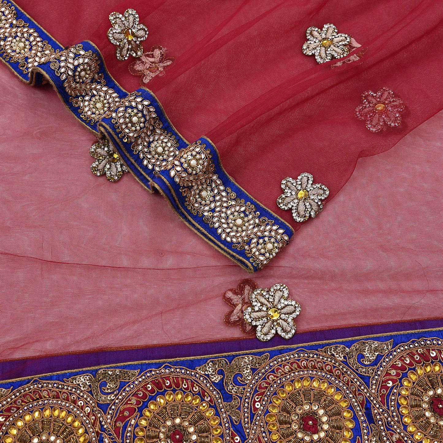 Indian Vintage Heavy Wedding Red Dupatta Net Mesh Long Stole Hand Embroidered Scarves Golden Zardozi Dabka Zari Stole