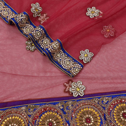 Indian Vintage Heavy Wedding Red Dupatta Net Mesh Long Stole Hand Embroidered Scarves Golden Zardozi Dabka Zari Stole