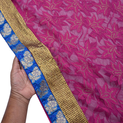 Indian Vintage Purple Saree Net/Mesh Embroidered Sari Fabric 6Yd Sewing Soft Golden Sequins Floral Dress Making Crafting