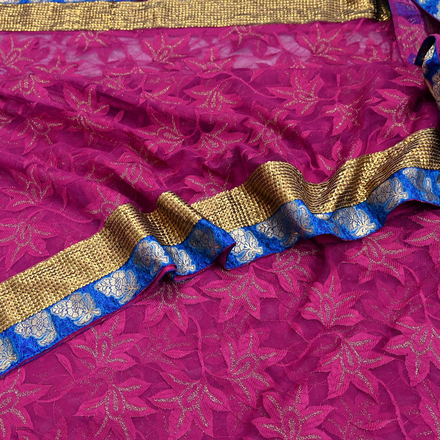 Indian Vintage Purple Saree Net/Mesh Embroidered Sari Fabric 6Yd Sewing Soft Golden Sequins Floral Dress Making Crafting