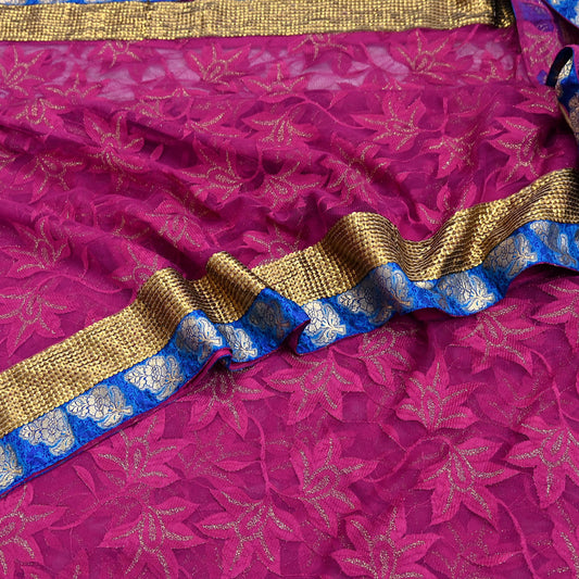Indian Vintage Purple Saree Net/Mesh Embroidered Sari Fabric 6Yd Sewing Soft Golden Sequins Floral Dress Making Crafting