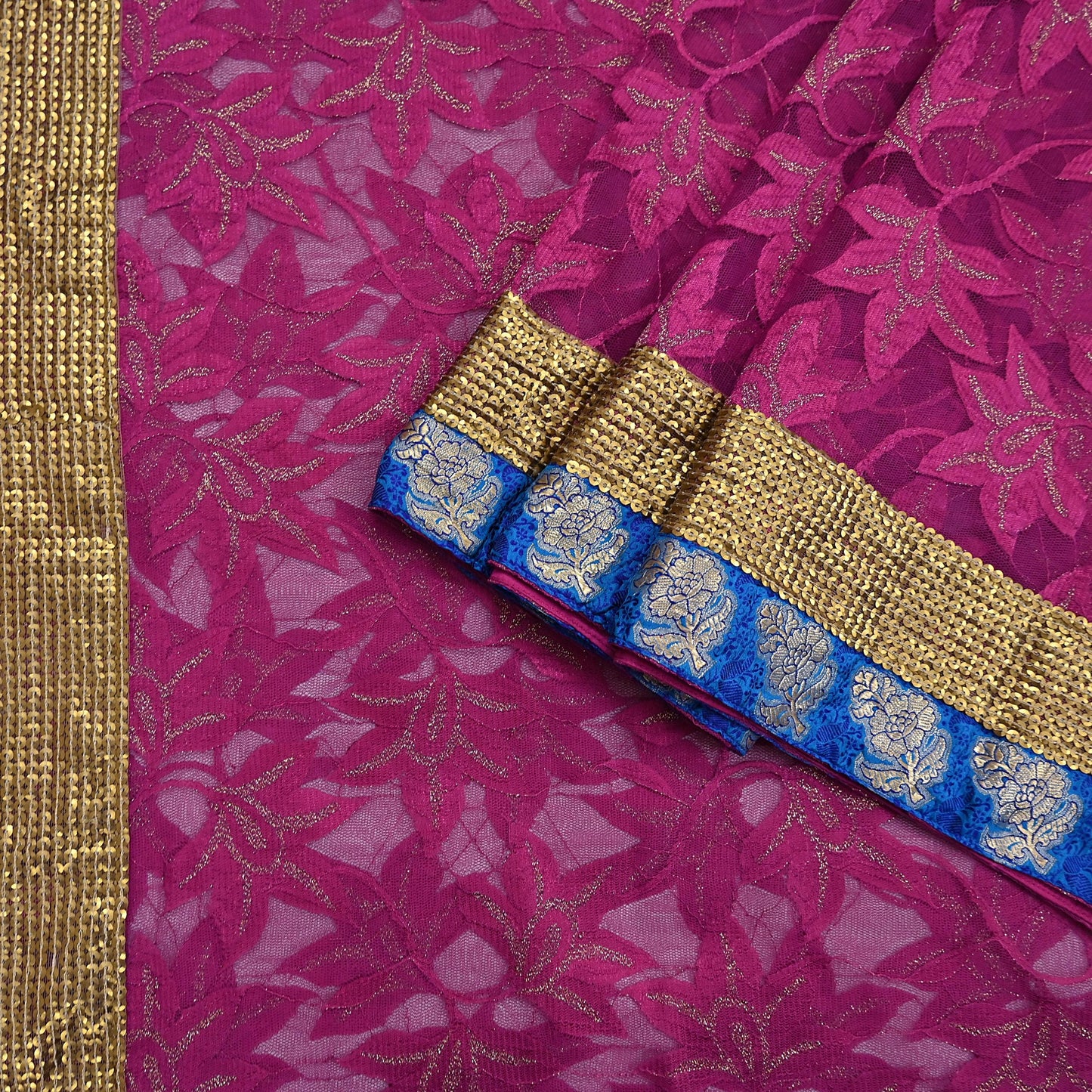 Indian Vintage Purple Saree Net/Mesh Embroidered Sari Fabric 6Yd Sewing Soft Golden Sequins Floral Dress Making Crafting
