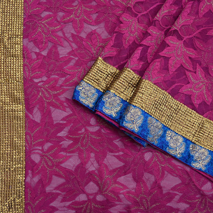 Indian Vintage Purple Saree Net/Mesh Embroidered Sari Fabric 6Yd Sewing Soft Golden Sequins Floral Dress Making Crafting