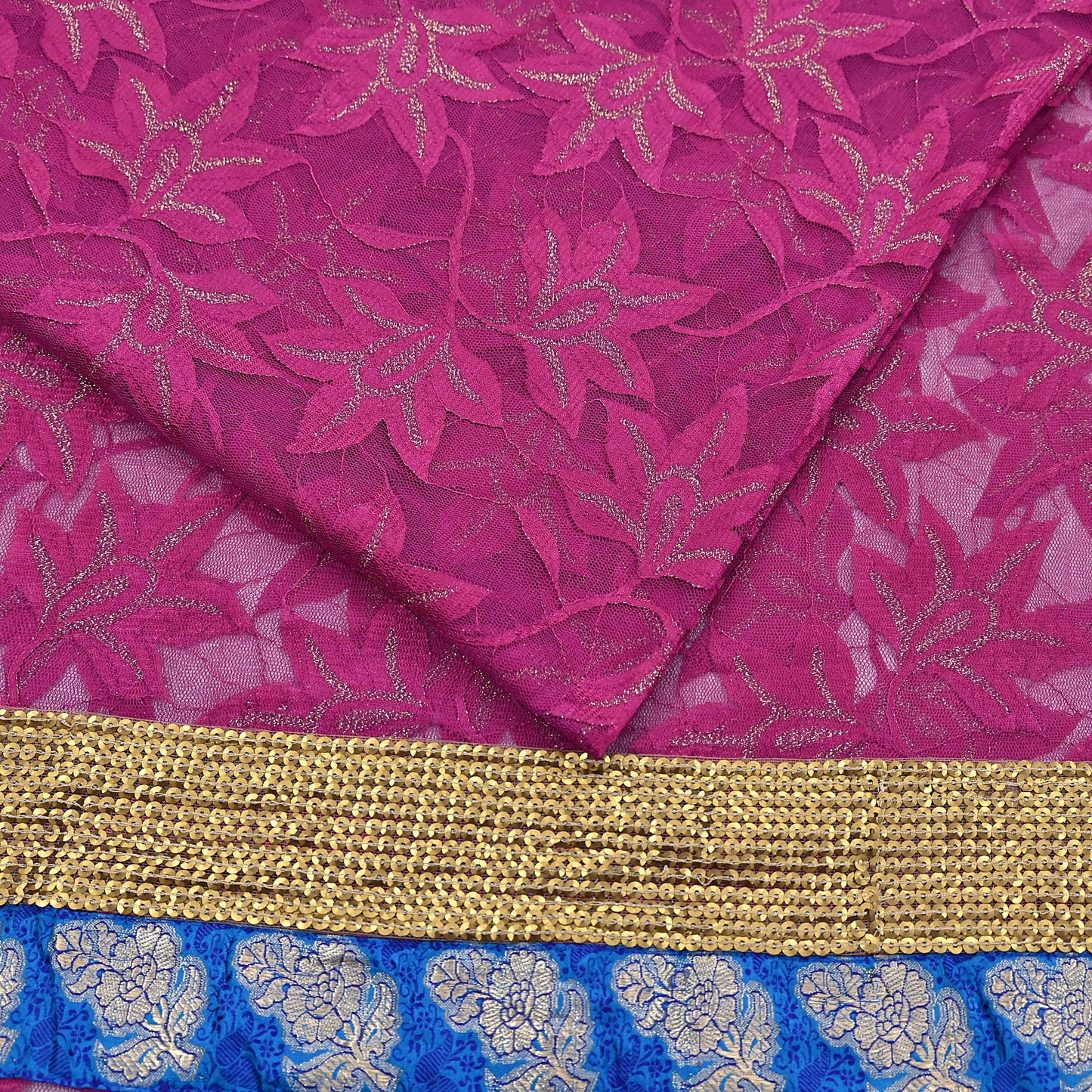 Indian Vintage Purple Saree Net/Mesh Embroidered Sari Fabric 6Yd Sewing Soft Golden Sequins Floral Dress Making Crafting