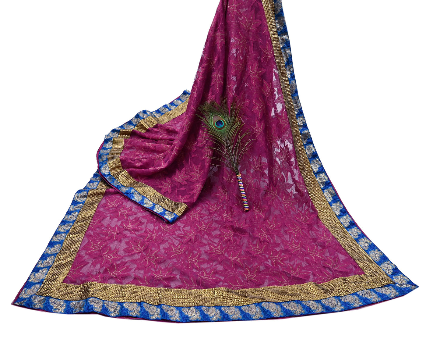Indian Vintage Purple Saree Net/Mesh Embroidered Sari Fabric 6Yd Sewing Soft Golden Sequins Floral Dress Making Crafting