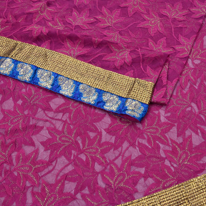 Indian Vintage Purple Saree Net/Mesh Embroidered Sari Fabric 6Yd Sewing Soft Golden Sequins Floral Dress Making Crafting