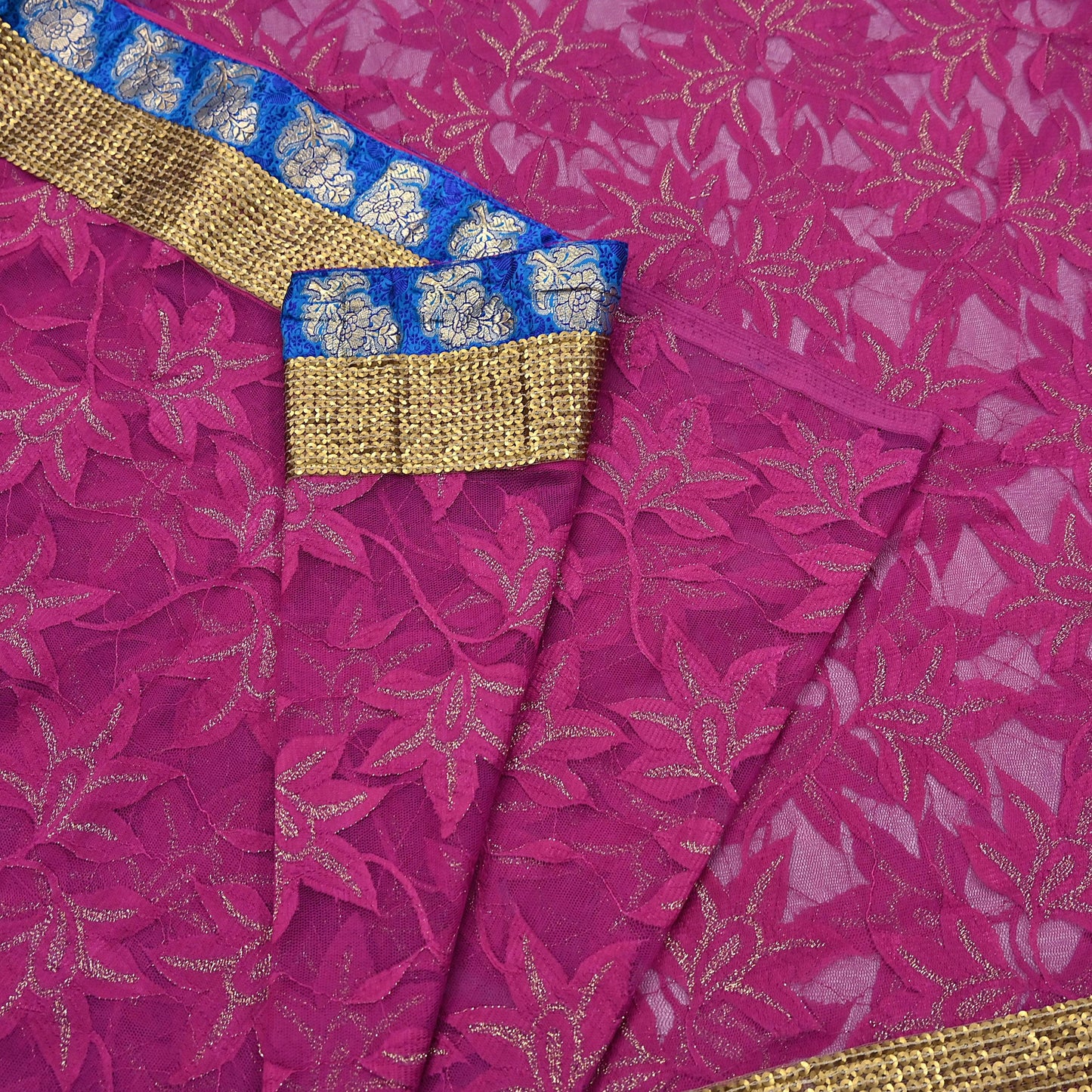 Indian Vintage Purple Saree Net/Mesh Embroidered Sari Fabric 6Yd Sewing Soft Golden Sequins Floral Dress Making Crafting