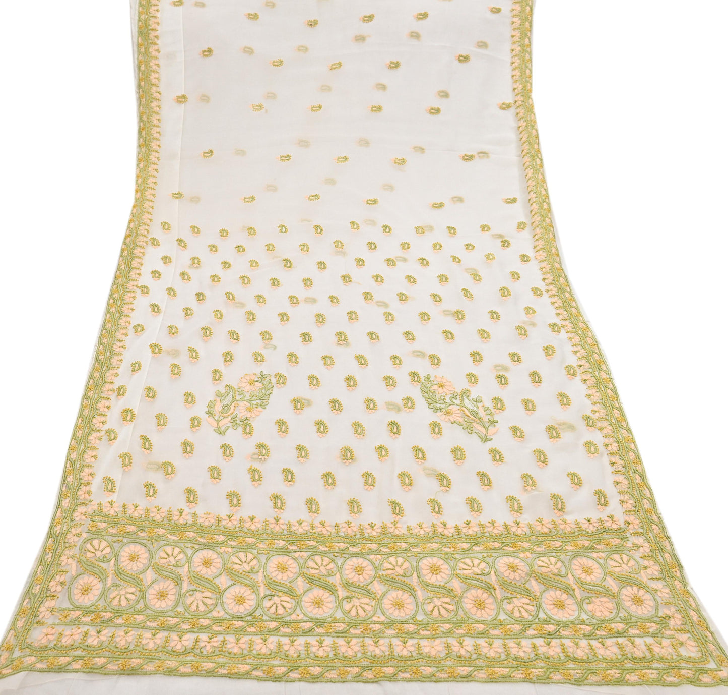 Indian Vintage Sari White Georgette Hand Embroidered Chikankari Saree Craft Fabric 5yd Soft Sequins Dress Making Upcycle Quilting