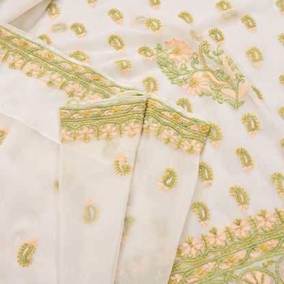 Indian Vintage Sari White Georgette Hand Embroidered Chikankari Saree Craft Fabric 5yd Soft Sequins Dress Making Upcycle Quilting