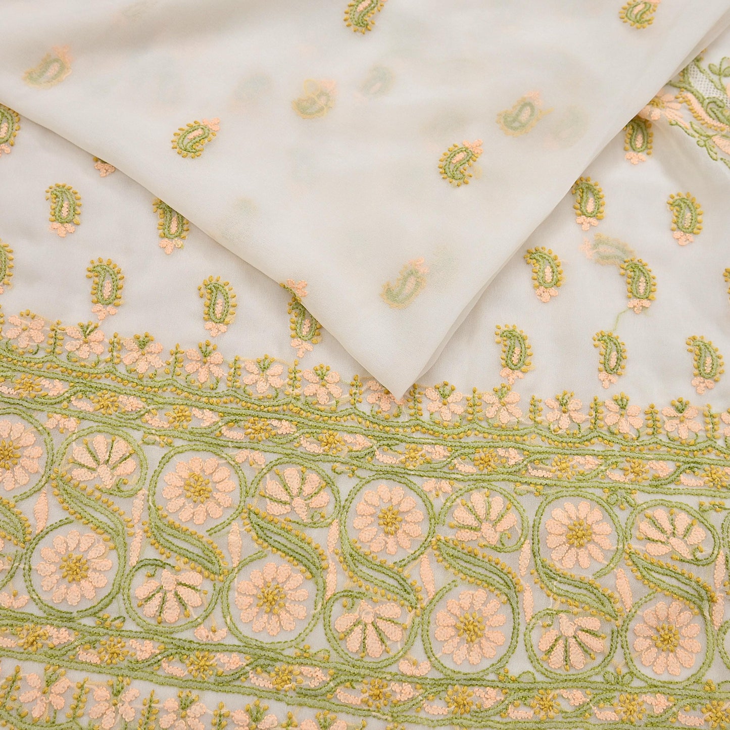 Indian Vintage Sari White Georgette Hand Embroidered Chikankari Saree Craft Fabric 5yd Soft Sequins Dress Making Upcycle Quilting