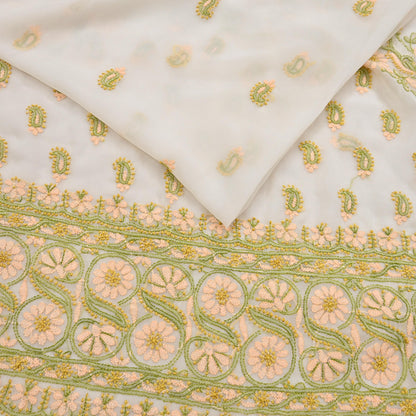 Indian Vintage Sari White Georgette Hand Embroidered Chikankari Saree Craft Fabric 5yd Soft Sequins Dress Making Upcycle Quilting