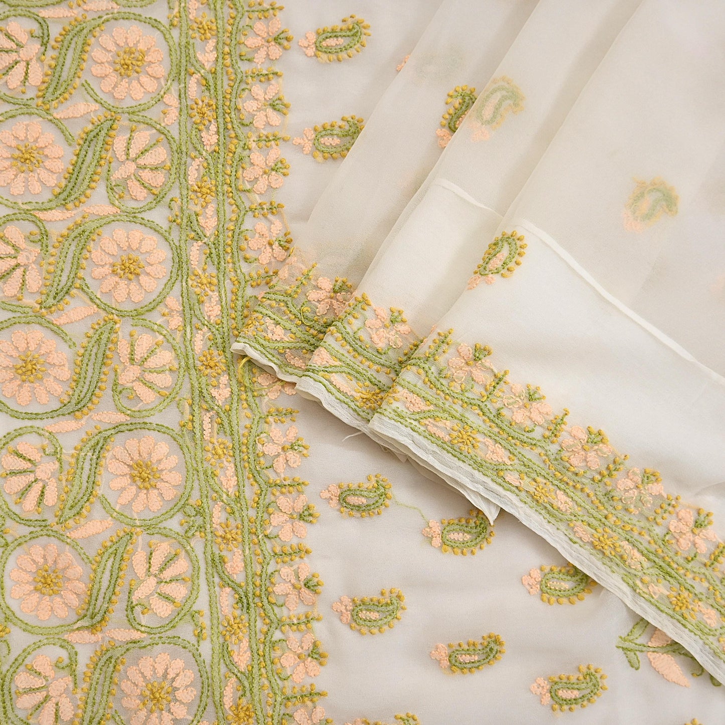 Indian Vintage Sari White Georgette Hand Embroidered Chikankari Saree Craft Fabric 5yd Soft Sequins Dress Making Upcycle Quilting