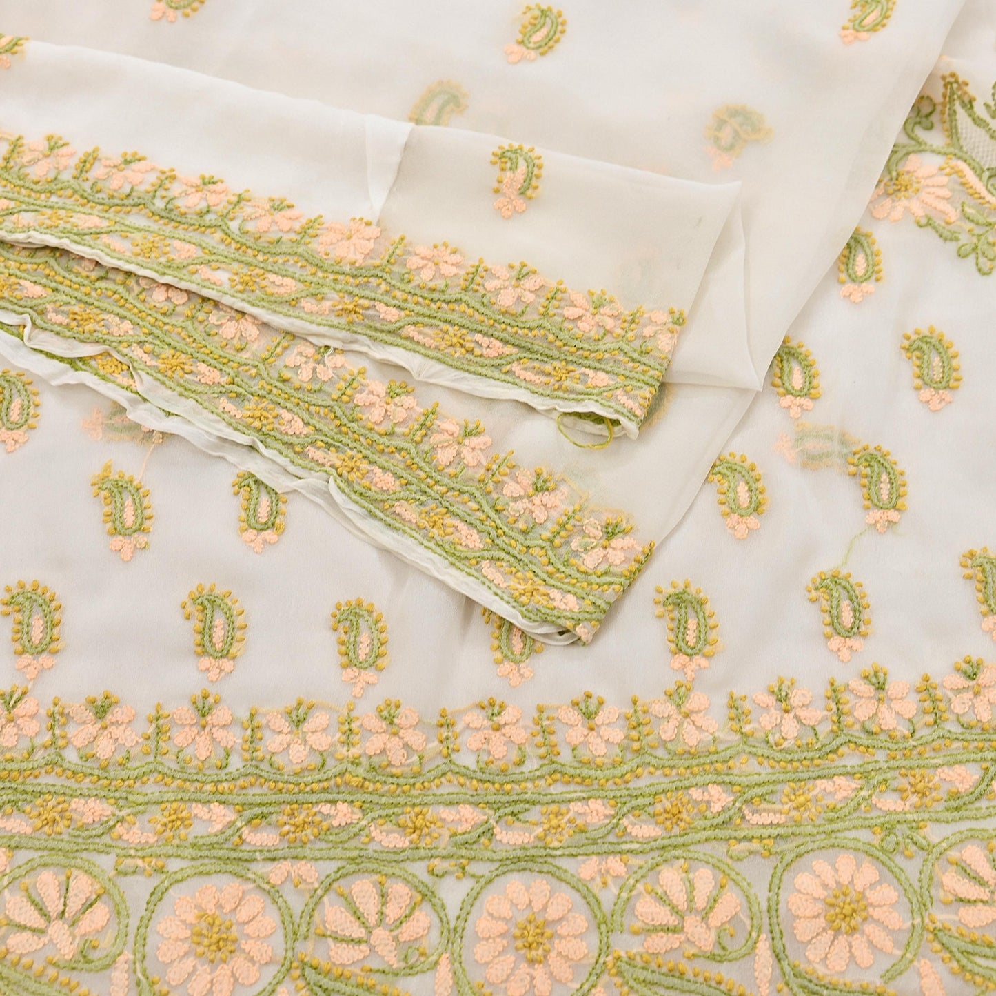 Indian Vintage Sari White Georgette Hand Embroidered Chikankari Saree Craft Fabric 5yd Soft Sequins Dress Making Upcycle Quilting