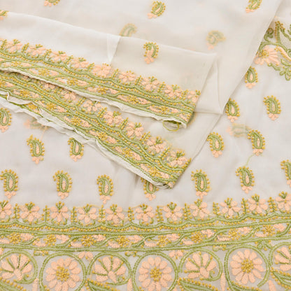 Indian Vintage Sari White Georgette Hand Embroidered Chikankari Saree Craft Fabric 5yd Soft Sequins Dress Making Upcycle Quilting