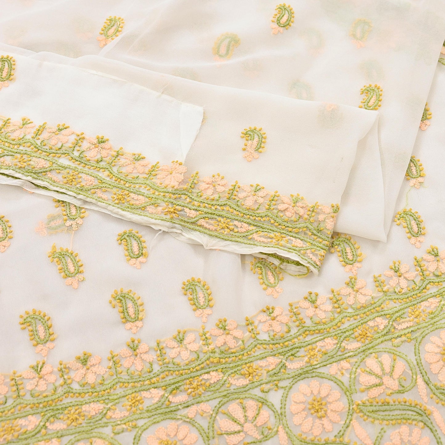 Indian Vintage Sari White Georgette Hand Embroidered Chikankari Saree Craft Fabric 5yd Soft Sequins Dress Making Upcycle Quilting
