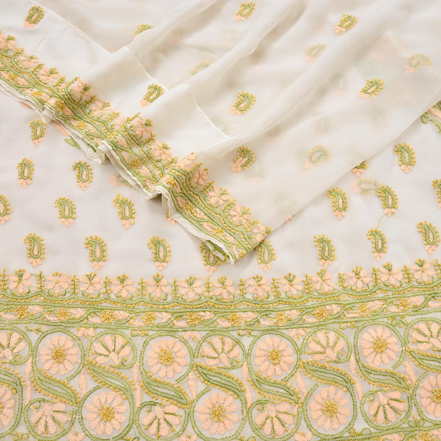 Indian Vintage Sari White Georgette Hand Embroidered Chikankari Saree Craft Fabric 5yd Soft Sequins Dress Making Upcycle Quilting