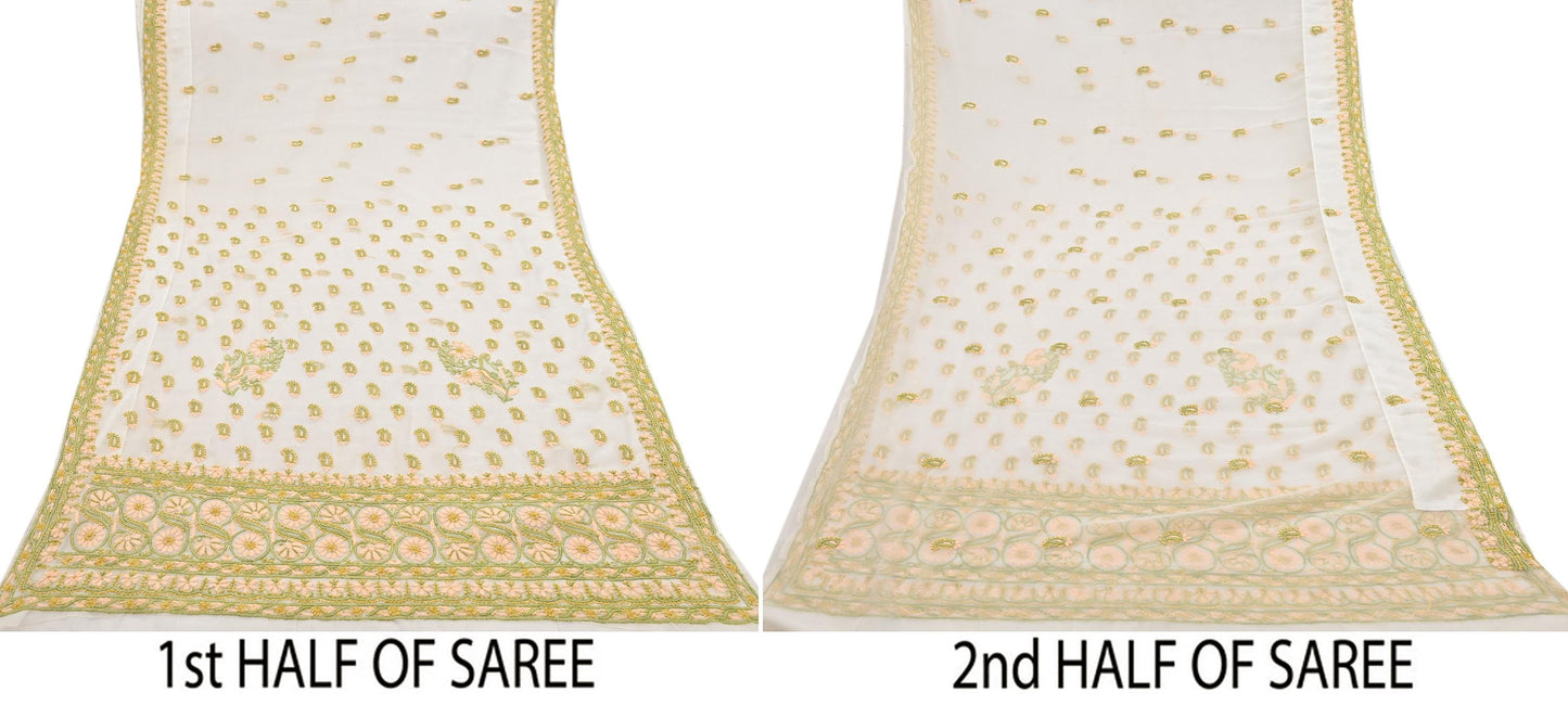 Indian Vintage Sari White Georgette Hand Embroidered Chikankari Saree Craft Fabric 5yd Soft Sequins Dress Making Upcycle Quilting
