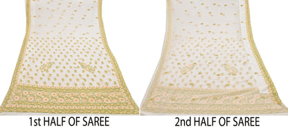 Indian Vintage Sari White Georgette Hand Embroidered Chikankari Saree Craft Fabric 5yd Soft Sequins Dress Making Upcycle Quilting