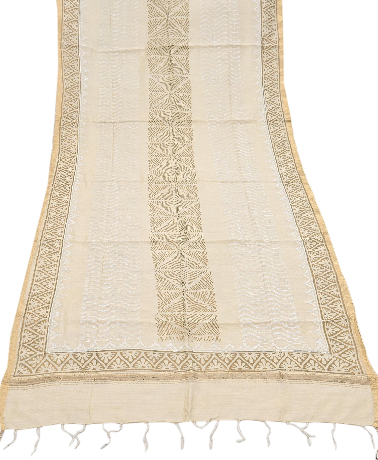 Indian Vintage Ivory Dupatta Long Stole 100% Pure Chanderi Silk Handloom Painted Scarves Veil Scarf Wrap Hippie Fringes