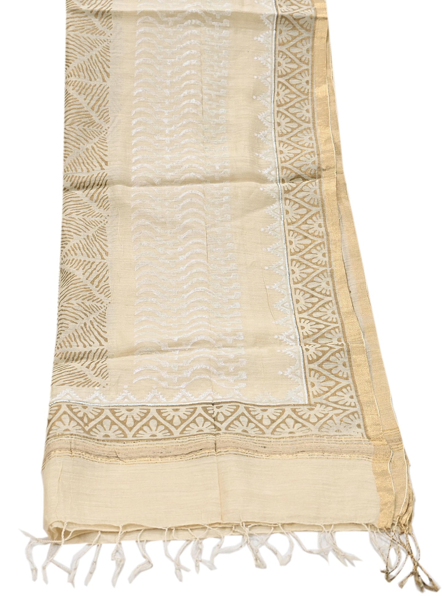 Indian Vintage Ivory Dupatta Long Stole 100% Pure Chanderi Silk Handloom Painted Scarves Veil Scarf Wrap Hippie Fringes