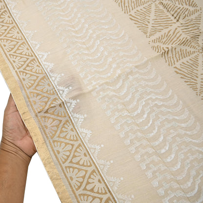Indian Vintage Ivory Dupatta Long Stole 100% Pure Chanderi Silk Handloom Painted Scarves Veil Scarf Wrap Hippie Fringes