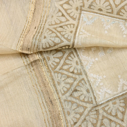 Indian Vintage Ivory Dupatta Long Stole 100% Pure Chanderi Silk Handloom Painted Scarves Veil Scarf Wrap Hippie Fringes