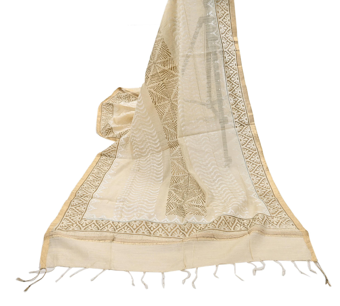Indian Vintage Ivory Dupatta Long Stole 100% Pure Chanderi Silk Handloom Painted Scarves Veil Scarf Wrap Hippie Fringes