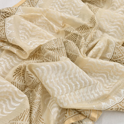 Indian Vintage Ivory Dupatta Long Stole 100% Pure Chanderi Silk Handloom Painted Scarves Veil Scarf Wrap Hippie Fringes