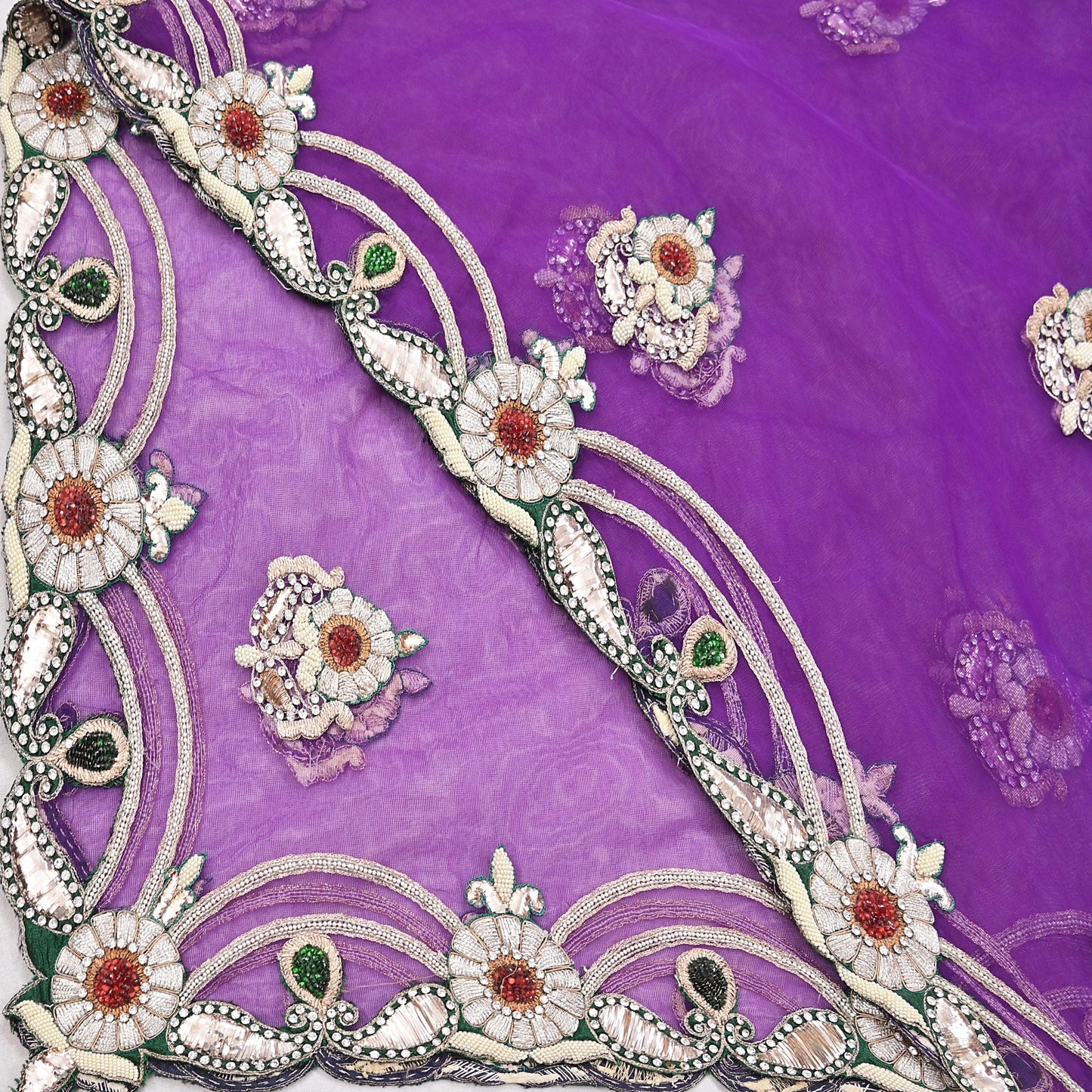 Indian Vintage Heavy Purple Dupatta Net Mesh Long Stole Hand Embroidered Scarf Purple Zardozi Zari Sequins Wedding Veil Hijab