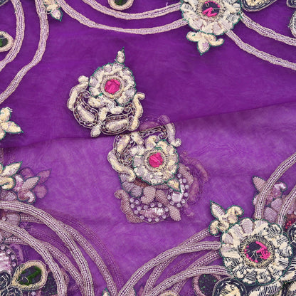 Indian Vintage Heavy Purple Dupatta Net Mesh Long Stole Hand Embroidered Scarf Purple Zardozi Zari Sequins Wedding Veil Hijab